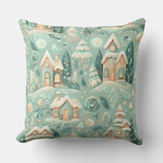 Watercolor Green Houses Christmas Motifs Holiday Cushion (Front)
