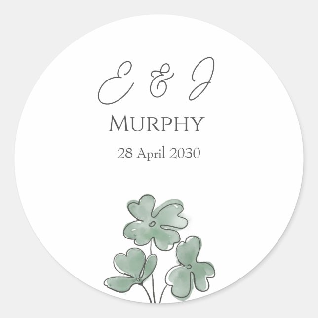 Watercolor Green Irish Leaf Clover Wedding   Classic Round Sticker (Front)