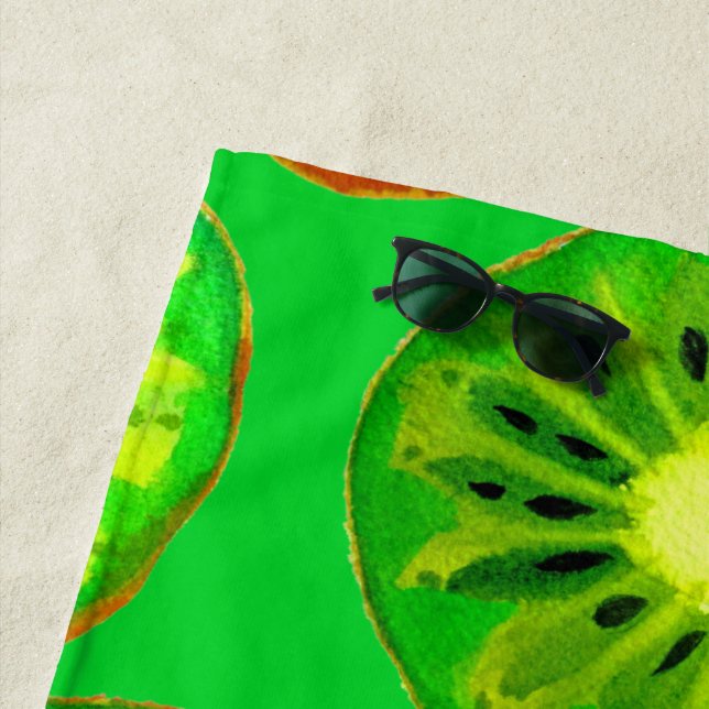 Watercolor green kiwi slice art beach style beach towel (In Situ)