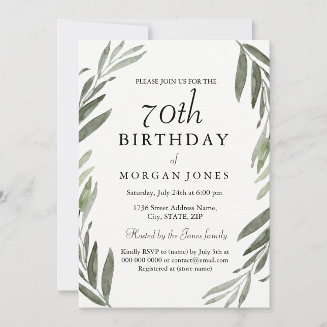 Watercolor Green Leaf 70th Birthday Invitation (Front)