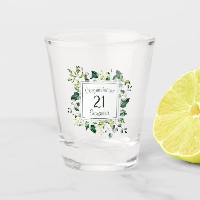 Watercolor Green Leaf - Any Age Birthday Shot Glass (Front)