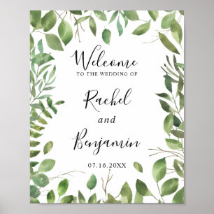 Watercolor Green Leaf Border Welcome Wedding Chic Poster
