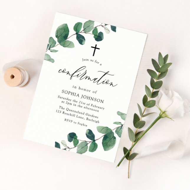 Watercolor Green Leaf Confirmation Invitation (Creator Uploaded)