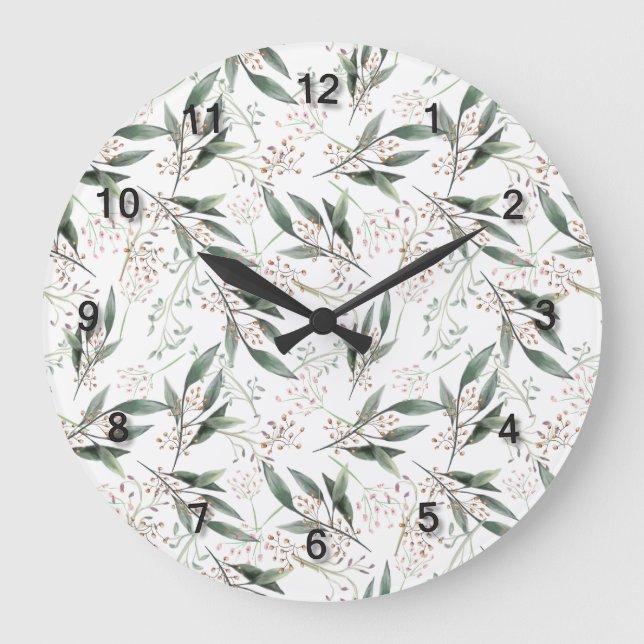 Watercolor green leaf gum nut pink flower large clock (Front)