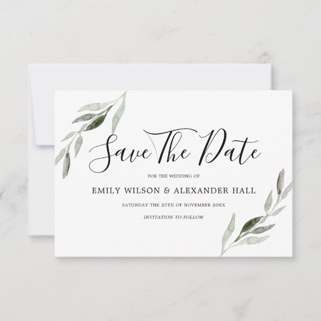 Watercolor Green Leaf Modern Wedding Save The Date (Front)