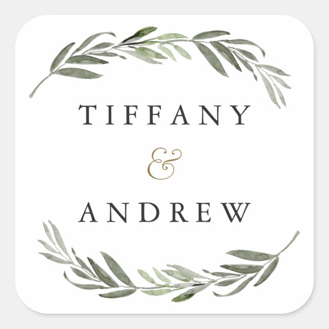 Watercolor Green Leaf Modern Wedding Square Sticker (Front)