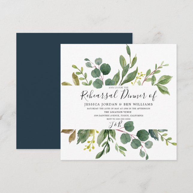 Watercolor Green Leaf Rehearsal Dinner Invitation (Front/Back)