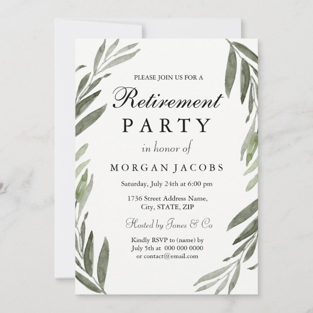 Watercolor Green Leaf Retirement Party Invitation (Front)