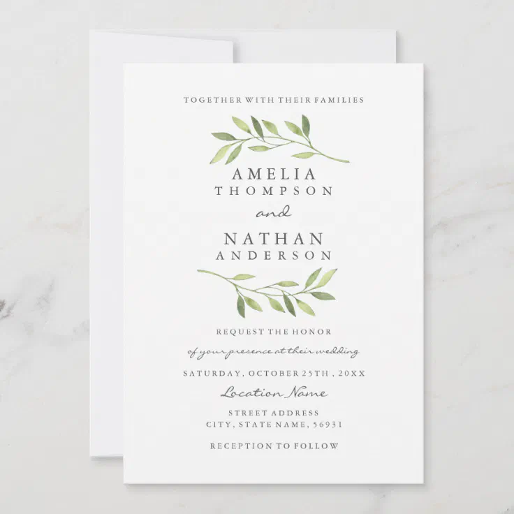 Watercolor Green Leaf Wedding Invitation | Zazzle