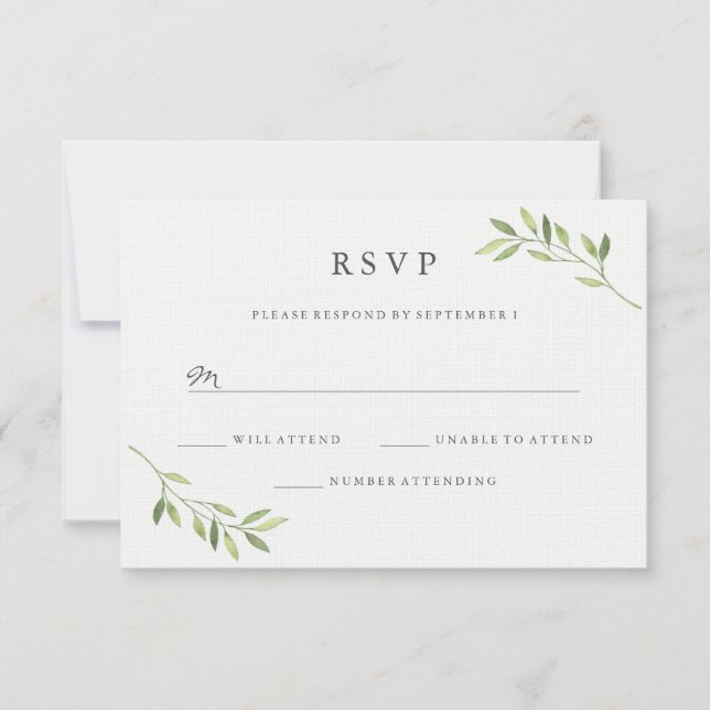 Watercolor Green Leaf Wedding RSVP Card (Front)