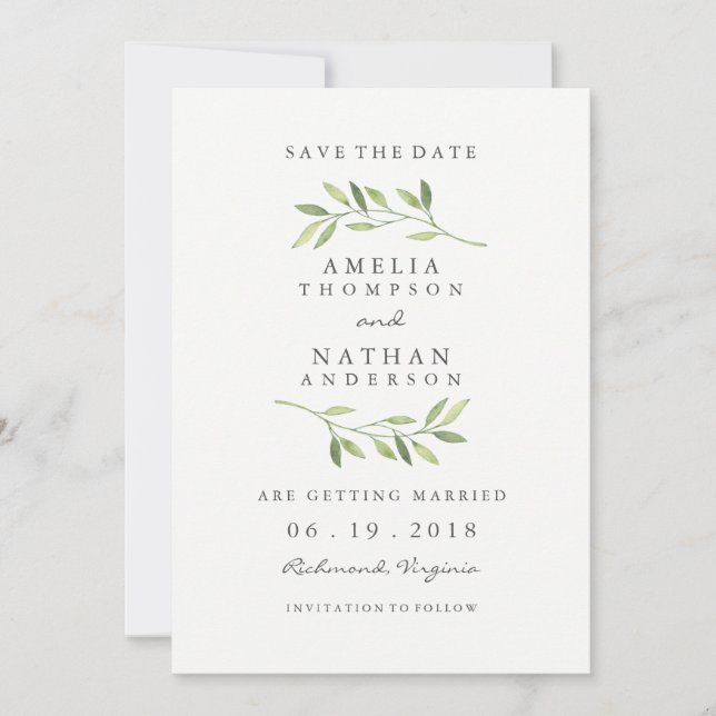Watercolor Green Leaf Wedding Save The Date (Front)