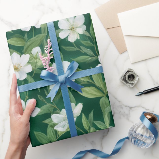 Watercolor Green Leaf White Floral Pattern Wrapping Paper (Gifting)