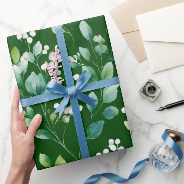 Watercolor Green Leaf White Floral Pattern Wrapping Paper (Gifting)