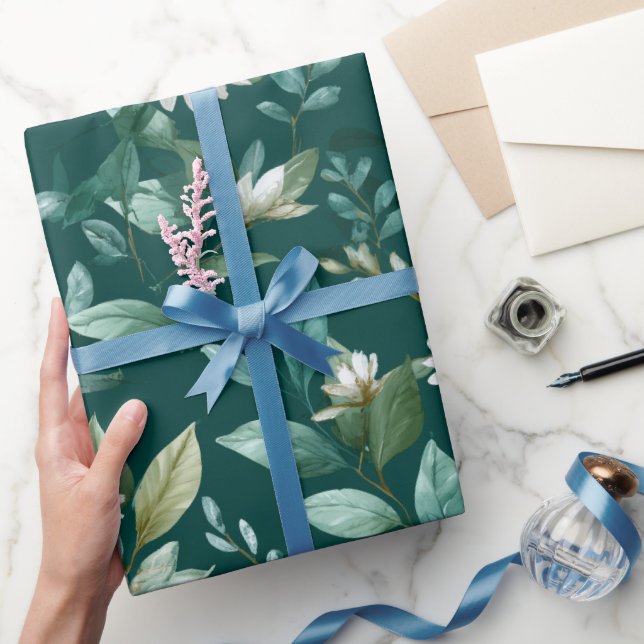 Watercolor Green Leaf White Floral Pattern Wrapping Paper (Gifting)