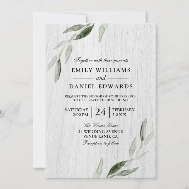 Watercolor Green Leaf White Rustic Wedding Invite (Front)
