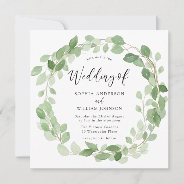 Watercolor Green Leaf Wreath Elegant Wedding Invitation (Front)