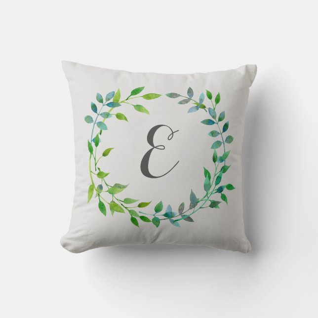 Watercolor Green Leaf Wreath | Monogram Cushion (Front)