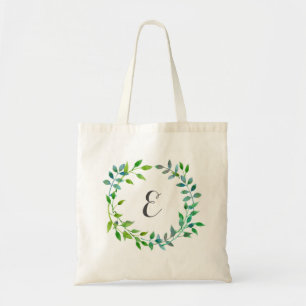 Watercolor Green Leaf Wreath Monogram Tote Bag