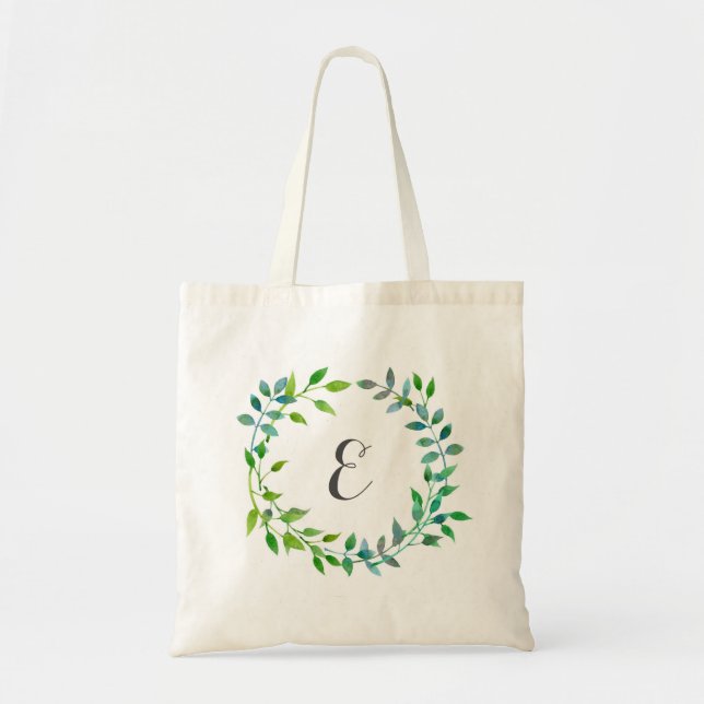 Watercolor Green Leaf Wreath | Monogram Tote Bag (Front)