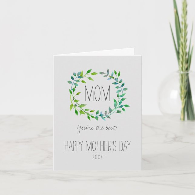 Watercolor Green Leaf Wreath | Mother's Day Card (Front)