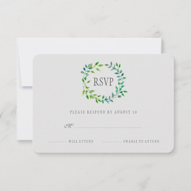 Watercolor Green Leaf Wreath | RSVP (Front)