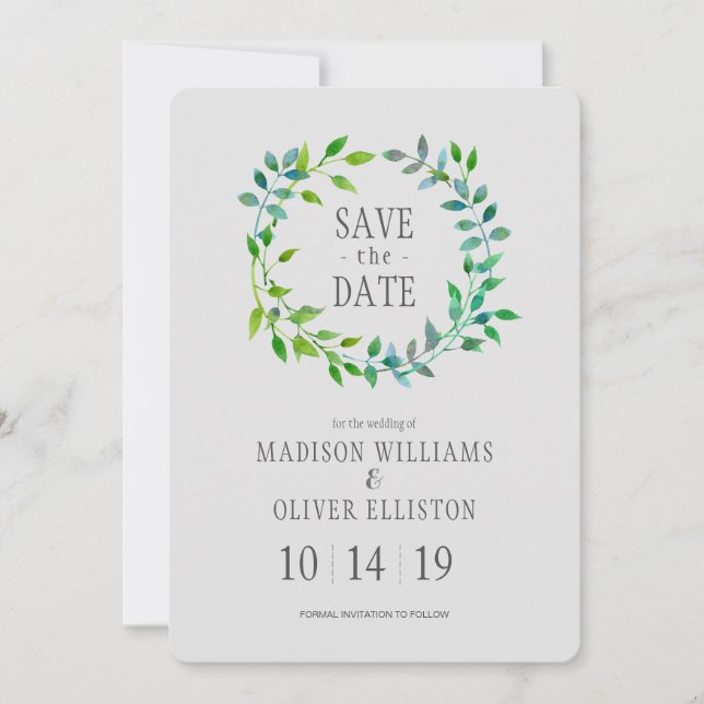 Watercolor Green Leaf Wreath | Save the Date (Front)