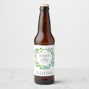 Watercolor Green Leaf Wreath Wedding Beer Bottle Label