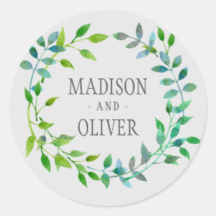 Watercolor Green Leaf Wreath Wedding Classic Round Sticker