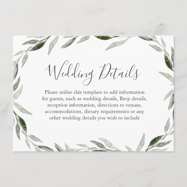 Watercolor Green Leaf Wreath Wedding Details Enclosure Card (Front)