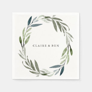 Watercolor Green Leaf Wreath Wedding Napkin