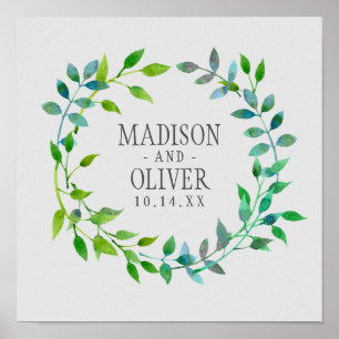 Watercolor Green Leaf Wreath Wedding Poster