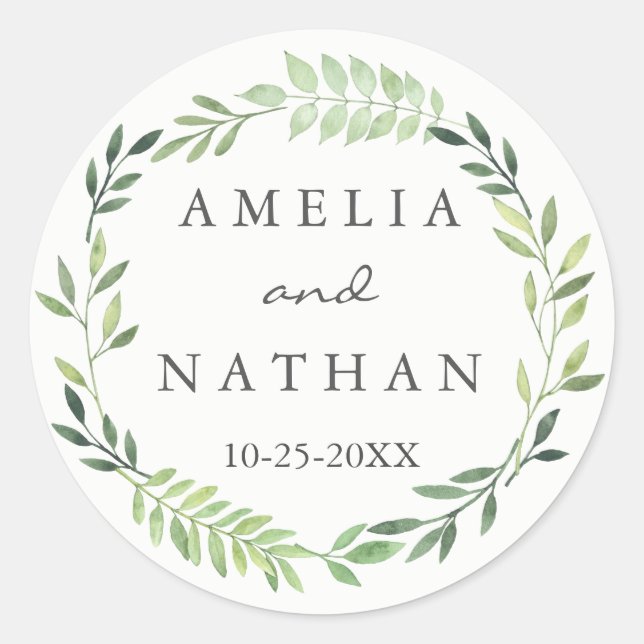 Watercolor Green Leaf Wreath Wedding Sticker (Front)