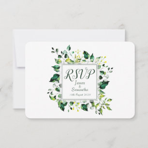 Watercolor Green Leaf & Yellow Flower   Wedding RSVP Card