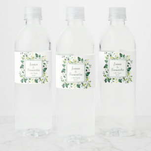 Watercolor Green Leaf & Yellow Flower   Wedding Water Bottle Label