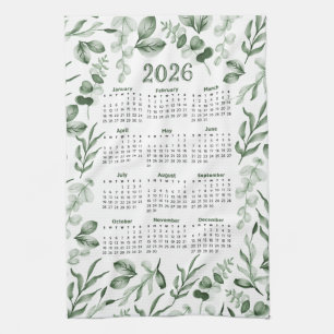 Watercolor Green Leaves 2026 Calendar  Tea Towel