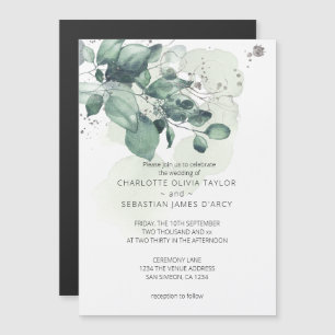 Watercolor green leaves botanical bouquet wedding magnetic invitation