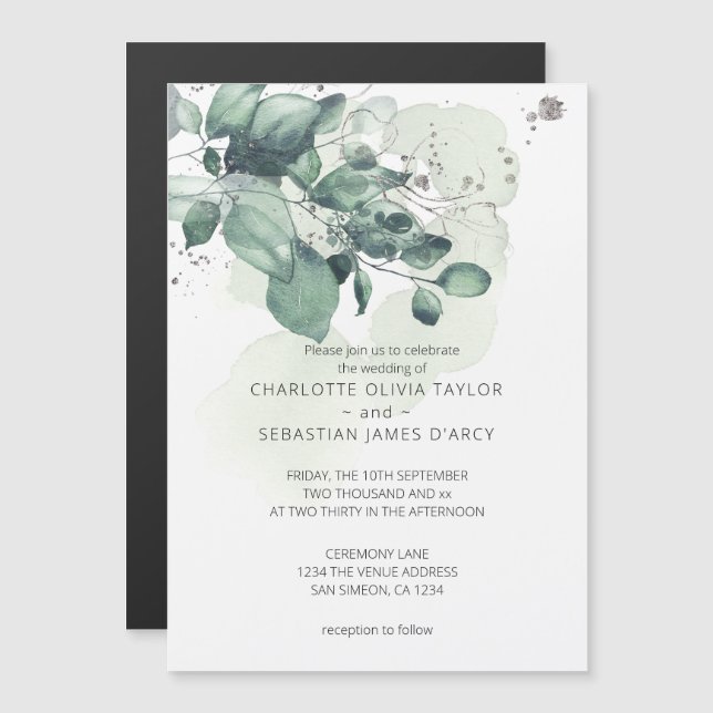 Watercolor green leaves botanical bouquet wedding magnetic invitation (Front/Back)
