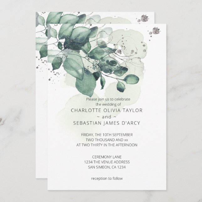 Watercolor Green Leaves Botanical Wedding Invitation (Front/Back)