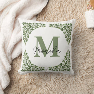 Watercolor Green Leaves bundle Letter M Monogram  Cushion
