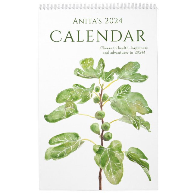 watercolor green leaves calender 2024 calendar (Cover)