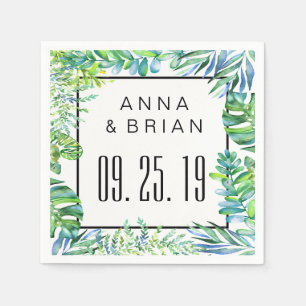 Watercolor Green Leaves Custom Wedding or Party Napkin