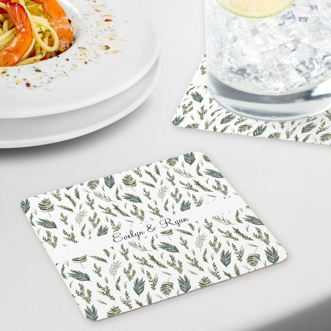Watercolor Green Leaves Floral Pattern Square Paper Coaster (In situ)