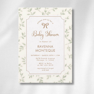 Watercolor Green Leaves Frame Gold Bow Baby Shower Invitation