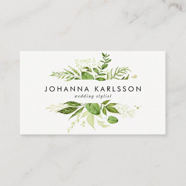 Watercolor Green Leaves Frame Modern Business Card (Front)