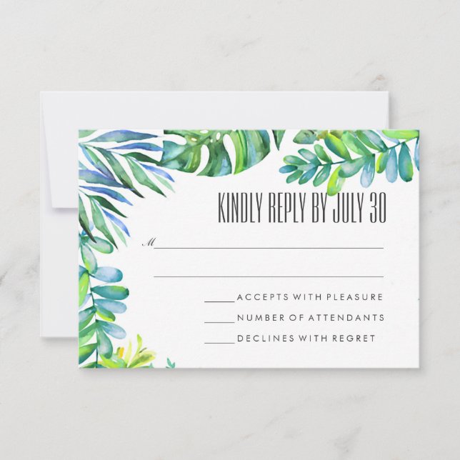 Watercolor Green Leaves Greenery Wedding RSVP (Front)
