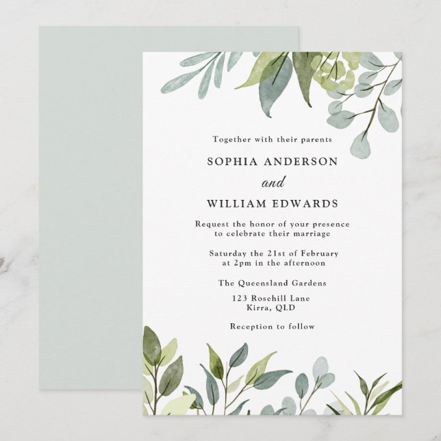 Watercolor Green Leaves Modern Wedding Invitation (Front/Back)