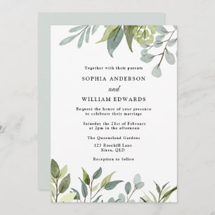 Watercolor Green Leaves Modern Wedding Invitation