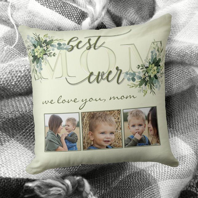 Watercolor Green Leaves Mom Photo Pillow (Pillow featuring a stylized Mom text with green watercolor leaves and your own photos - Mother's Day)