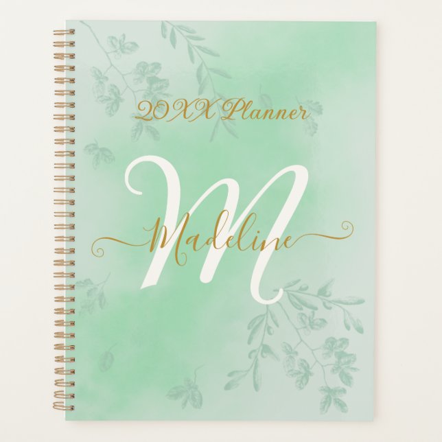 Watercolor Green Leaves Monogram Planner (Front)