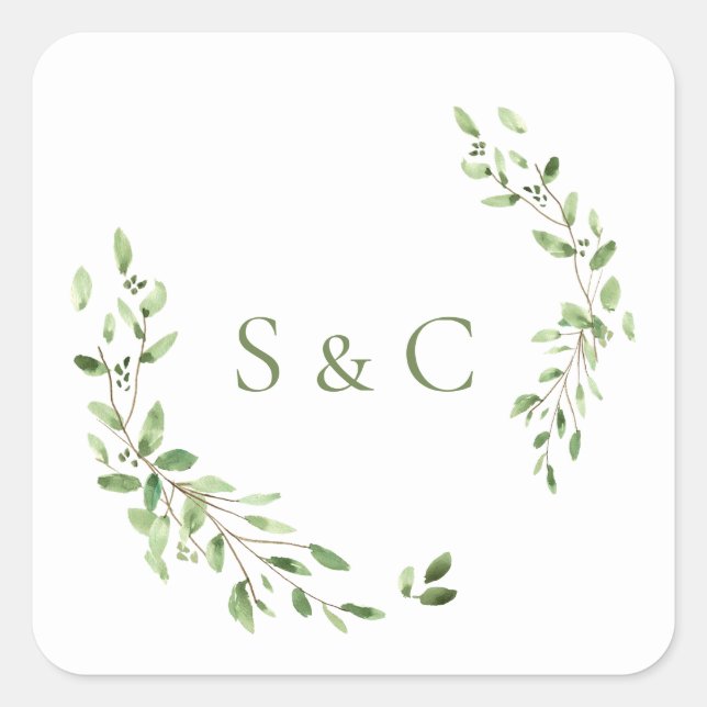 Watercolor Green leaves Monogram Wedding Square Sticker (Front)